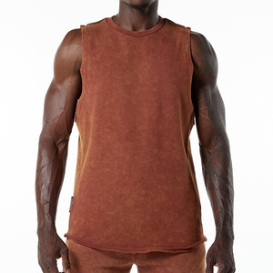 Débardeur de gym 100% coton personnalisé pour hommes grande taille respirant entraînement Fitness débardeur court lavé côtelé col carré tricoté - Product Image 3