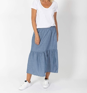 New Custom High Waist Blue Women's Long <b>Skirt</b> with Tiered Silhouette <b>Elastic</b> Waist Ruffles 100% Cotton Casual <b>Skirt</b> - Product Image 3