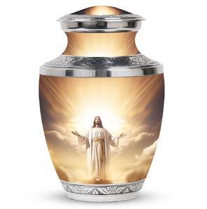 Urna Funeraria Moderna de Aluminio Hecha a Mano con Impresión Personalizada, con Arte Cristiano de Jesucristo, Capacidad de 1-2L para Cenizas - Product Image 1