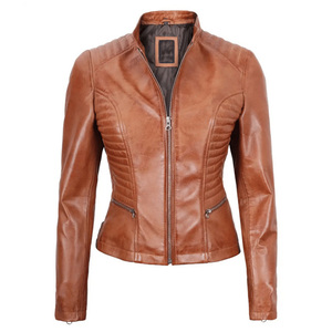 Chaqueta de cuero de carreras de color tostado para mujer elegante y de moda personalizada chaqueta de cuero transpirable delgada y elegante para damas. - Product Image 4
