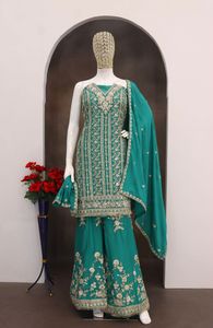 Nouveau salwar kameez en georgette lourde avec broderie, travail de séquence, véritable miroir et dentelle fantaisie zarkan non cousu - Product Image 4