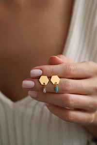 Personalized Birthstone Hexagon Turquoise Stud Earrings Dangle Drop Baguette Earrings 925 Sterling Silver 14K Gold Plated - Product Image 2
