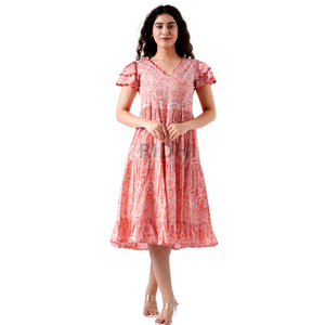 Vestido Midi de verano de algodón con estampado de bloque indio Rosa Bud para mujer bordado vieiras decoración de encaje ropa cómoda para uso diario - Product Image 2