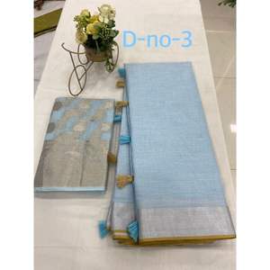 Tissu de coton en lin, sari doré, tissage de styliste tendance, travail sur de belles couleurs, vêtements de fête, vêtements traditionnels - Product Image 4