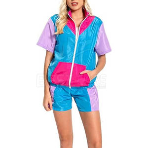 Femmes de haute qualité coton coupe-vent ensemble court motif solide col montant veste fermeture éclair taille élastique Shorts respirant - Product Image 1