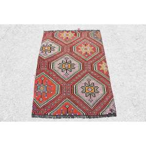 Tapis de 2,8 x 4 pieds, petit tapis turc, tapis abstrait rouge Kilim - Product Image 1
