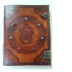 Diarios de cuero en relieve de sirena hechos a medida, con gemas y cerraduras de metal, hechos a mano con papel de algodón - Product Image 1