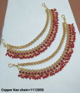 Indian Gold Plated Traditional Motipearl Kundan & Chain Stylish Golden Gold Plated Brass Long Ear <b>Hair</b> Chain Jewellery Earrings - Product Image 2