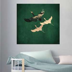 Arte Minimalista de Grullas en Lienzo: Impresión de Aves Verdes de Inspiración Asiática, Lienzo Enrollado - Product Image 1