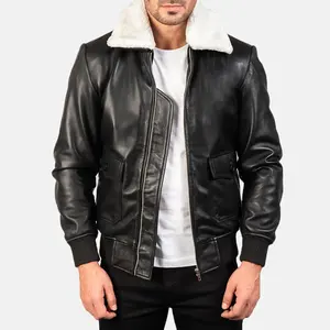 AMK 새로운 컬렉션 최신 디자인 흑백 가죽 보머 재킷 모피 칼라 ODM 남성 가죽 자켓 가죽 자켓