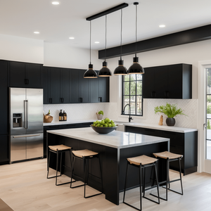 Armoires de cuisine modernes de luxe durables de style shaker laquées noir et blanc avec îlot en marbre - Product Image 4