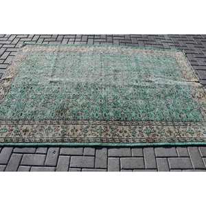 Tapis Vintage en Laine 5.5X8.1 pieds Vert Beige Patchwork Style Classique pour Entrée Fait à la Main en Peluche Rectangle Couloir Design Latex - Product Image 3