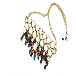 Juego de Joyería Fina de Lujo con Incrustaciones de Polki Kundan Rojo y Verde, Chapado en Oro con Circonita y Perla para Regalos - Product Image 2