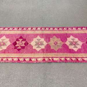 พรมวินเทจขนาด 3x10.5 ฟุต, พรมตุรกีแบบ Runner, พรมลายปะติดสีชมพูเบจ - Product Image 2