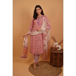 Pink Ladies Traditional Indian <b>Block</b> <b>Printed</b> Cotton Kurta Pant Set Embroidery for Daily Wear Party Wear Ethnic Georgette - Product Image 5