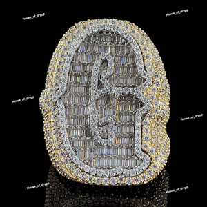 Unique Two Tone Iced Out <b>Initial</b> Letter G <b>Ring</b> VVS Moissanite Diamond 925 Silver Hip Hop - Product Image 2