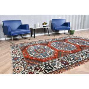 5.6x8.6 ft Vintage Rug, Turkish Large Rug, <b>Red</b> Blue Striped <b>Wool</b> Rug - Product Image 2