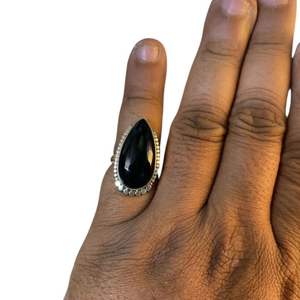 แหวนเงินสเตอร์ลิงสำหรับผู้หญิงแหวนพลอยโอนิกซ์สีดำธรรมชาติแหวนสวมแต่งงานของขวัญตัดลูกแพร์925 - Product Image 1