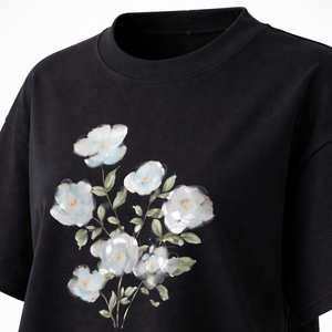 Camiseta Personalizada Negra Extra Grande con Estampado Floral para Hombre y Mujer, Algodón, Corte Holgado, Estilo Urbano, Informal, OEM, ODM, Venta al Por Mayor - Product Image 4