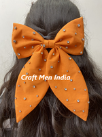 Grosir busur rambut bordir manik-manik katun desain kustom untuk anak perempuan gaya Sporty dengan busur batu manik-manik buatan tangan