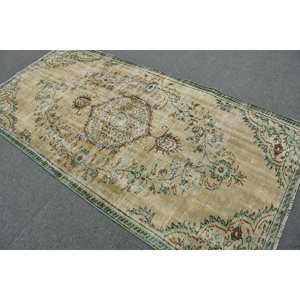 Tapis Turc Classique Vintage Beige Vert 4.3 X 8.2ft Laine Faite à la Main avec Support en Latex Motif Patchwork Rectangulaire pour Chevet - Product Image 5