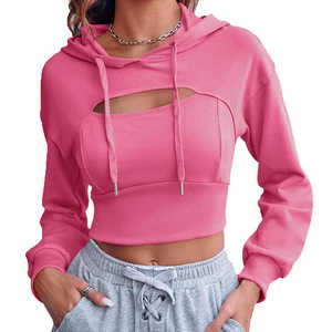 OEM Crop Top Survêtements Femmes Coton Polaire Crop Top Hoodies Ensembles Bleu Pantalon de Survêtement et Sweat à Capuche Ensemble Femmes - Product Image 1