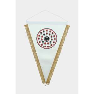Custom Double Sided Crystal Satin Pennant <b>Banner</b> with Triangle Cut Gold Fringes (AS0222)-Digital Printing Portable - Product Image 1