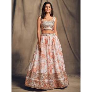 Vestido de Novia de Organza con Estampado Floral Blanco, Lehenga Choli Festivo - Product Image 5