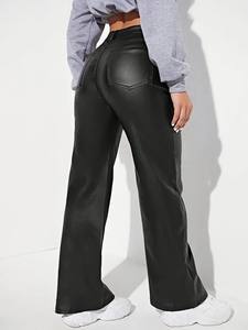 Pantalon large décontracté et confortable pour femmes en similicuir noir respirant avec taille haute taille moyenne Caractéristiques de la saison d'hiver - Product Image 2