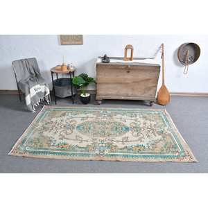 Classique Beige Bleu Vintage Tapis Turc 3.9 X 6.8ft À La Main Patchwork Conception Laine Bambou Soie Matériel Latex Support pour Vivre - Product Image 5