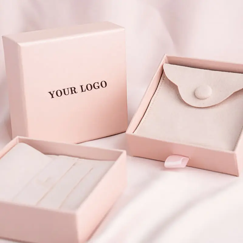 Bolsa y caja de joyería de microfibra, embalaje con logotipo pequeño, con botón