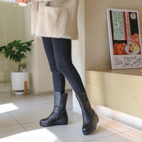[JSHOE] Sepatu Boots Wanita Kulit Sapi Asli Setengah Betis Model Wedge 6.5cm Resleting Musim Dingin Platform Kasual Berlapis Bulu Hangat Musim Gugur Kasual