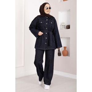 Conjunto de Mezclilla Azul Marino para Mujer con Detalle de Cinturón, Incluye Chaqueta, Pantalones y Chaqueta de Traje de Mezclilla - Product Image 1