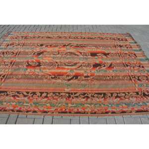 Vintage Turkish Rug 6.9 X 9.2 ft Red Green Patchwork Design Wool Flat Weave Technique for Large Area Living Room Decorations - Product Image 3