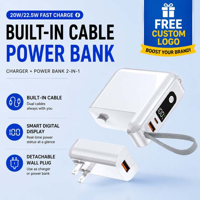 Detachable Wall AC Plug Charger Portable Fast Charging Power Bank with Built-in Cable Large Capacity Customizable for Gifts