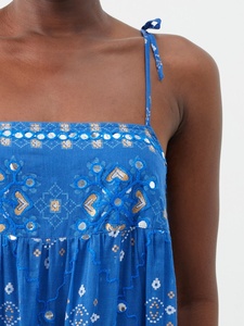 Mini-robe bleue en coton 100% avec imprimé floral et paillettes dispersées, silhouette trapèze, été, écologique, respirante, décontractée - Product Image 4