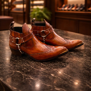 Bottes de cowboy faites à la main de style occidental pour hommes, longues bottes d'équitation en cuir véritable avec sangle à boucle, printemps, été, automne, hiver - Product Image 2