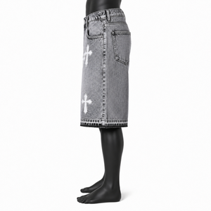 Pantalones Cortos Vaqueros Personalizados con Estampado Cruzado para Hombre, Estilo Vintage Lavado, Holgados, Streetwear, OEM ODM, Marca Privada, Venta al por Mayor - Product Image 4
