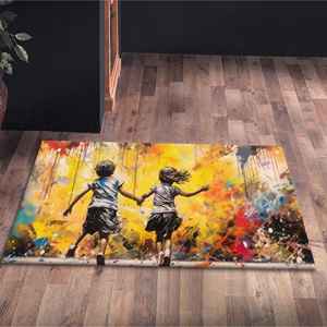 Children Graffiti Rug, Colorful Kids Art Carpet, Urban Style Playroom Mat with Boy Girl <b>Running</b> Print,With Pile Soft Rug - Product Image 1