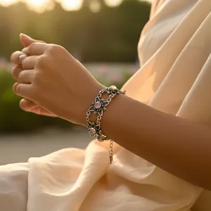 Bracelet en or 14 carats et argent 925 avec quartz rose pour femmes, bijoux religieux, diamant, perle, plaqué rhodium, motif floral - Product Image 1