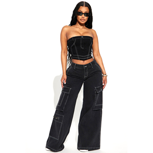 2025 Summer Women's Strapless Denim an Shorts Set - Sexy Off-Shoulder Casual Jean Outfit for Night Club and Birthday Celebration - Product Image 3