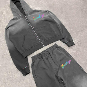 Nueva Tendencia: Conjuntos de Sudaderas con Capucha Holgadas y Pantalones Deportivos con Pedrería, Estilo Vintage Lavado, Conjuntos Deportivos para Hombre - Product Image 1