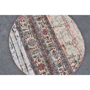 พรมสีเบจสไตล์ตุรกีโบราณขนสัตว์แฮนด์เมดขนาด3.1x3.1ฟุตมีแผ่นรองทำจากยางลายเย็บปะสี่เหลี่ยมผืนผ้าสำหรับข้างเตียง - Product Image 5