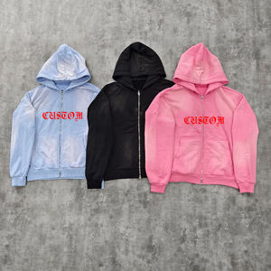 Sun Faded Hoodie French Terry Custom Distressed Détruit Heavy 100% Cotton Zip up Acid Wash Vintage Sun Faded Hoodie - Product Image 4