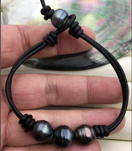 Big Three Drop Green Black Tahitian Pearl <b>Leather</b> Cord <b>Bracelet</b> Nautical Rope <b>Bracelet</b>, Surfer <b>Bracelet</b> - Product Image 1