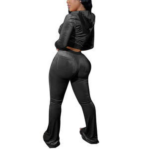 Ensemble de survêtement 2 pièces en velours uni écologique 100 % coton pour femme, style streetwear d'hiver, avec logo personnalisé et taille élastique, pour la vente en gros - Product Image 2