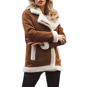 Chaqueta de bombardero con cremallera de cuero de piel de oveja Premium marrón, abrigo con forro de piel de oveja, chaqueta de bombardero para mujer - Product Image 3