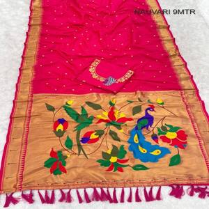 VASTRA COTTAGE Premium Soft Silk Paithani Saree Polka Zari Parrot Peacock Pallu Border 9 <b>Meter</b> Original Saree With Blouse - Product Image 4