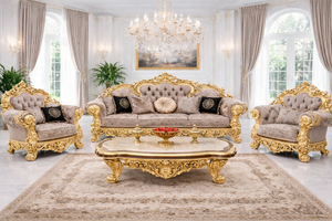 Juego de Muebles de Sala de Estar Estilo Europeo Negro Real, Sofá Clásico Tallado a Mano con Mesa de Centro, Comprar Juego de Asientos Negro y Dorado en EE. UU. - Product Image 2