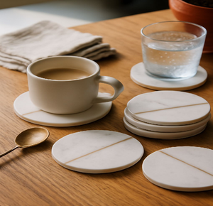 Round <b>white</b> marble <b>coasters</b> with gold veining. Perfect for coffee tables. Available at wholesale prices. - Product Image 6